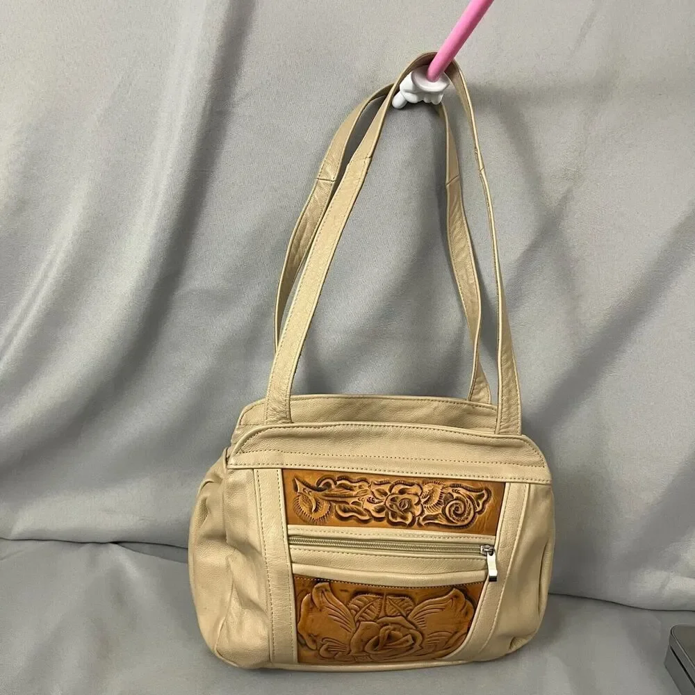 Women's Handbag‎ Tan Brown Leather Floral Embossed Double Handle Shoulder Bag